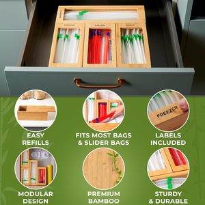 กล่องจัดเก็บถุงพลาสติกแบบ 4 ช่<span class=keywords><strong>อง</strong></span> พร้อมบล็อกแบบถอดประกอบได้ กล่องใส่ถุงขนมแซนวิชขนาดต่างๆ สำหรับใส่ในลิ้นชักครัว ทำจากไม้ไผ่ - Product Image 5