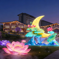 Lanternes paysagères en forme de croissant de lune doré et de lotus, décoration orientale pour centres commerciaux haut de gamme et expositions de la mi-automne