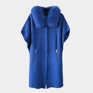 <span class=keywords><strong>Pull</strong></span> court en laine tricotée sur mesure Tyan Fashion, <span class=keywords><strong>bleu</strong></span> royal, avec col en vraie fourrure de renard, style ample de luxe pour femmes - Product Image 1