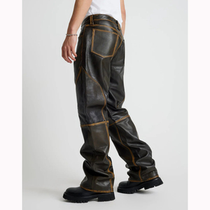D-ring sul passante della cintura resistente in tessuto <span class=keywords><strong>con</strong></span> cuciture a contrasto a vita bassa e rilassata <span class=keywords><strong>con</strong></span> cinque <span class=keywords><strong>tasche</strong></span> Unisex <span class=keywords><strong>pantaloni</strong></span> in finta pelle - Product Image 2