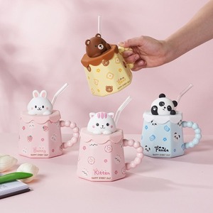 MSH 420ml carino rosa gatto in ceramica paglia tazza con coperchio in Silicone regalo romantico per le coppie - Product Image 1