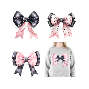 À la mode nouvelle fille rose noir à pois rubans Coquette arcs lavable DTF fer sur transfert autocollants prêt à presser pour <span class=keywords><strong>les</strong></span> vêtements - Product Image 1
