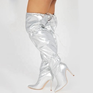 Size 44 Stretch Wide Top Women Silver Over Knee High Boots Stiletto <b>Pointed</b> Toe Elastic Lace up Shoes Thigh High Long Booties - Product Image 1