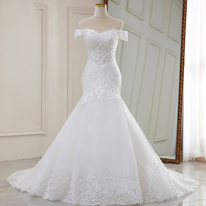 Vestido de Novia Blanco de Encaje con un Hombro Descubierto, Vestidos de Novia Personalizados con Cuentas y Cola Larga - Product Image 1