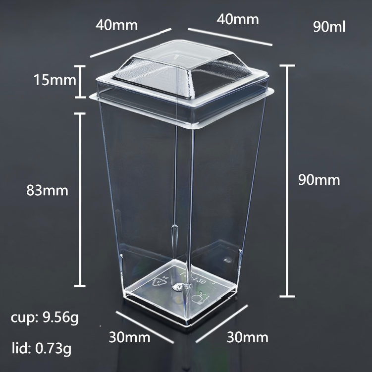 Tasse carrée transparente de 90ml avec couvercle