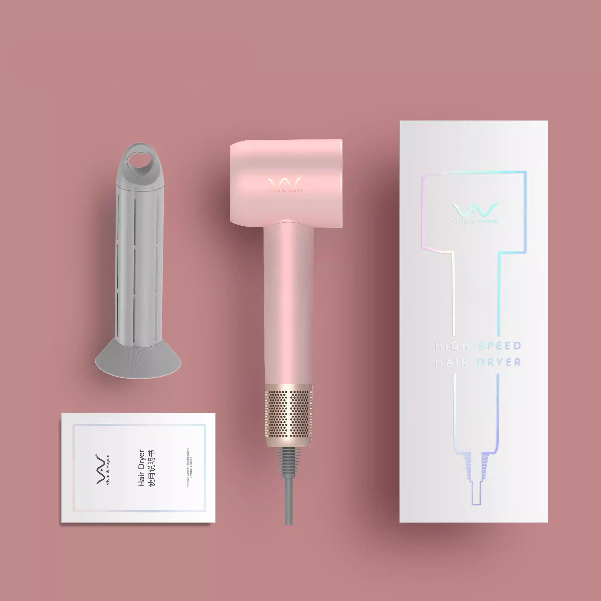 ไดร์เป่าผมสีชมพู + ชุดเครื่องม้วนผมระบบแม่เหล็ก