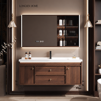 Ensemble de meubles de salle de bain de luxe moderne en noyer avec vasque flottante personnalisée, armoire et miroir intelligent LED – Mobilier complet pour la maison