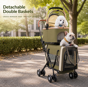 Carrito Plegable para Mascotas con Cesta de Transporte Desmontable de Malla, Carrito de Viaje para Perros y Gatos de 4 Ruedas - Product Image 5
