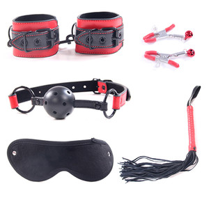 5-delige zwarte set met rode lijnen, leren <span class=keywords><strong>bondage</strong></span> kit voor volwassenen, BDSM, mannelijke slaven. - Product Image 1