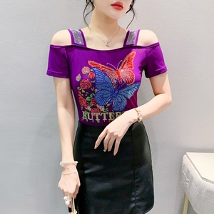 T-shirt da <span class=keywords><strong>donna</strong></span> trendy con farfalle e fiori, a maniche corte, con strass colorati termosaldati, top a spalle scoperte per feste - Product Image 1