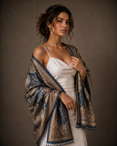 Écharpe d'hiver élégante et durable, brodée, à imprimé numérique, à longues franges, style européen et américain, douce, chaude, respirante et confortable, bleu marine - Product Image 5