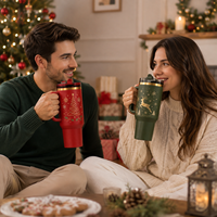 Gobelet isotherme de Noël personnalisé 40oz à double paroi en acier inoxydable 304 avec accent doré et poignée, rouge, avec paille, idéal pour les cadeaux