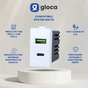 Estación de carga USB Gloca para montaje en pared, 5V 3.1A, tipo A y C, puerto dual para actualización, plástico blanco MT3002 - Product Image 2