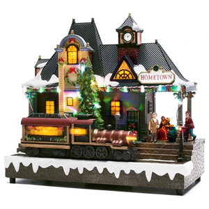Casas de Pueblo Navideñas de Resina Duradera y Ecológica con Luces LED, Figuras de Trenes de Pueblo, Escena Musical Navideña - Product Image 1