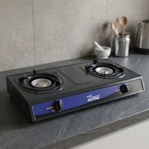 Cocina de Gas Portátil ZGBES de 2 Quemadores, Superficie de Acero Inoxidable, Control con Perillas Negras, Encendido Electrónico, No Requiere Enchufe - Product Image 1