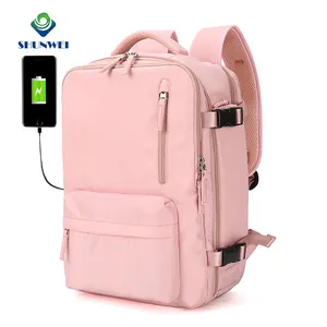 厂家直销防水女士大容量粉色笔记本电脑背包，带鞋袋