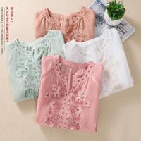 Chemisier décontracté en coton et lin brodé de fleurs pour femme, manches trois-quarts, col en V, couleur unie, coupe ample, haut pour femme