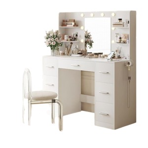 Mesa <span class=keywords><strong>de</strong></span> <span class=keywords><strong>Maquillaje</strong></span> Moderna Minimalista <span class=keywords><strong>con</strong></span> Espejo e Iluminación Integrada, <span class=keywords><strong>con</strong></span> Cajones <span class=keywords><strong>de</strong></span> Almacenamiento, para Esquina <span class=keywords><strong>de</strong></span> Dormitorio - Product Image 4