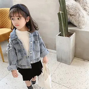 Pearls Beading Denim Jacket For Fashion Coats Children Clothing Autumn Baby Girls Clothes Outerwear Jean Jackets Coat
