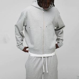 Survêtement deux pièces gris chiné clair avec détails de couture, pantalon de survêtement cargo à jambes larges et sweat à capuche entièrement zippé - Product Image 3