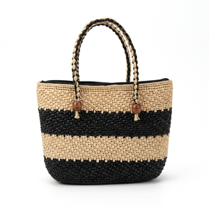 Sac seau en raphia fait main avec fermeture éclair, deux pompons, portable, en polyester, pour femme, pliable, décontracté, pour la plage et les voyages - Product Image 3