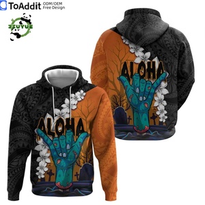 Nouveau Style personnalisé hawaïen Halloween sweat à capuche horreur Shaka main avec Plumeria et tatouage polynésien à capuche pour hommes saison d'automne - Product Image 2