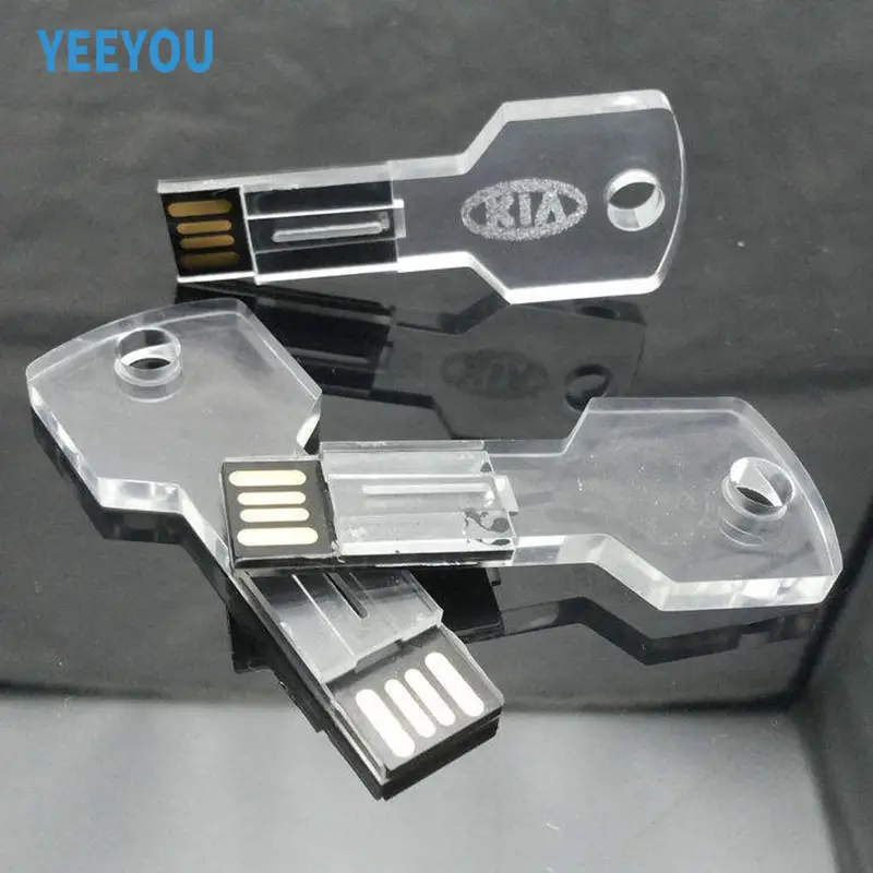 Özelleştirmek Logo anahtar şekli kristal şeffaf Led Light Up Usb 4gb 8gb 16gb Usb Flash bellek sopa sürgülü Flash bellek