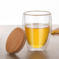 Stocké 450Ml En Gros Stocké Double Paroi Verre Tasses À Café Tasse En Verre Avec Couvercle En Bambou Et Paille Café Thé Service