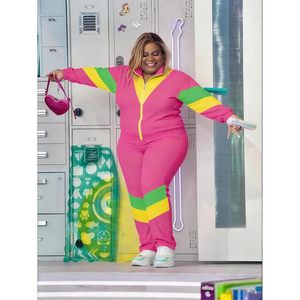 Ensemble survêtement 2 pièces pour femmes grandes tailles FOXA, coupe ample, style color block, coupe-vent, tenue de fête à thème années 80 et 90 - Product Image 4