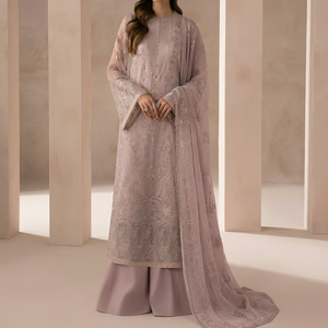 Women's Mauve Embroidered <b>Chiffon</b> Kurta With Bell <b>Sleeves</b> Straight <b>Maxi</b> <b>Dress</b> And Dupatta 3 Piece Shalwar Kameez - Product Image 1