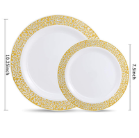 175 pièces d'assiettes jetables en PS avec bordure en dentelle dorée et couverts dans un ensemble de vaisselle pour les mariages et les réceptions
