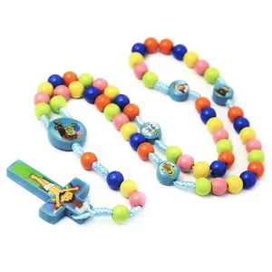 Baby Children Colorful Plastic Round Beads Cross Pendant Rosary Beads Necklace Christian Catholic Prayer Baptism Jewelry Acces