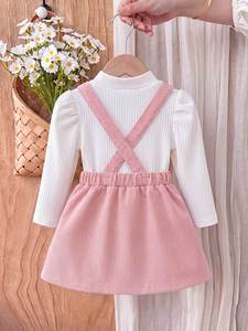 Herfst-winter 2026 kindermeisjes boutique kleding pofmouw geribbelde top <span class=keywords><strong>corduroy</strong></span> strik bretelsrok 2-delig Koreaans babykleding - Product Image 2
