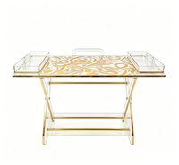 Table d'appoint pliable en acrylique transparent de luxe sur mesure avec bordure dorée et poignée, plateau de service amovible