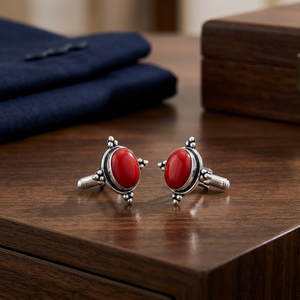 Boutons de manchette en argent plaqué, faits à la main, avec pierres précieuses de corail rouge italien - Product Image 4