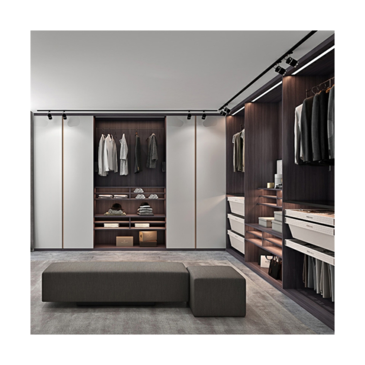 Prima Customized Luxury Light-Weight Wooden Wardrobe Cabinet Bedroom Furniture Clothing Cloak Room Design