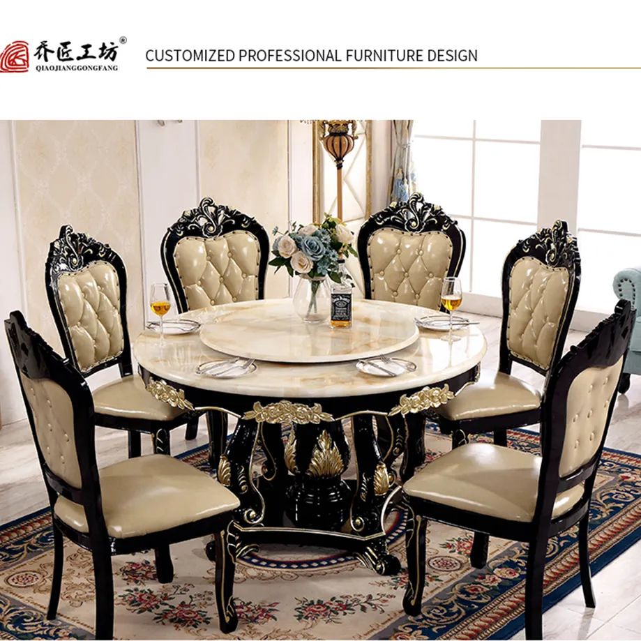 Jogo de sala de jantar romântico francês, gravura à mão, sólida, mesa e cadeira de madeira, estrutura de mármore