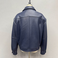 Veste en cuir véritable grain litchi pour femme, coupe courte ample, bleu marine, col cranté, style motard