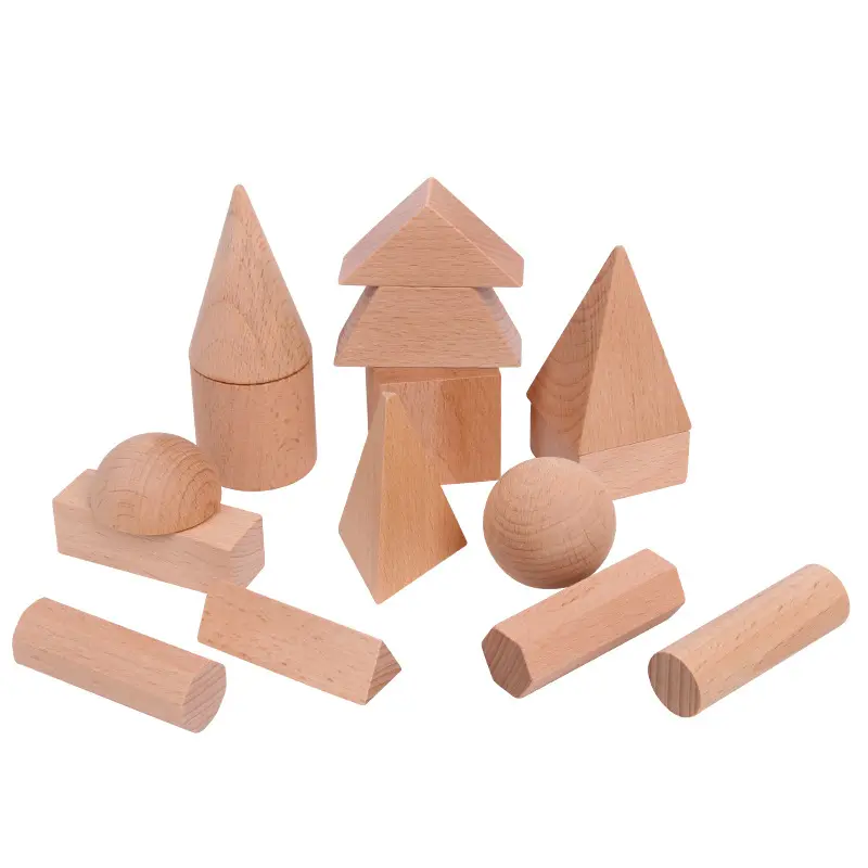 Montessori blok susun bentuk geometris kayu mainan manipulatif matematika mainan pembelajaran anak-anak kayu 3d alami Edukatif