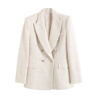 Blazer vert en tweed pour femme, col en V, double boutonnage, boutons dorés, manches longues, à carreaux, en spandex/polyester, formel