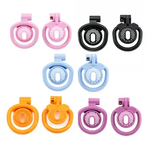 粉色/蓝色/橙色塑料扁平短公鸡环负贞操笼装置，带4个公环