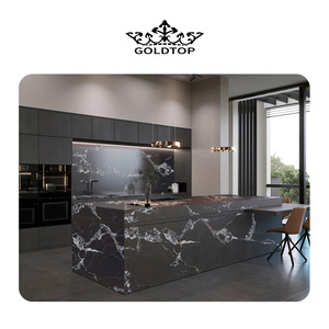 Ensembles <span class=keywords><strong>d</strong></span>'armoires de cuisine de luxe sur mesure Goldtop, îlot en quartz noir Napoléon, armoires basses cannelées noires - Product Image 6