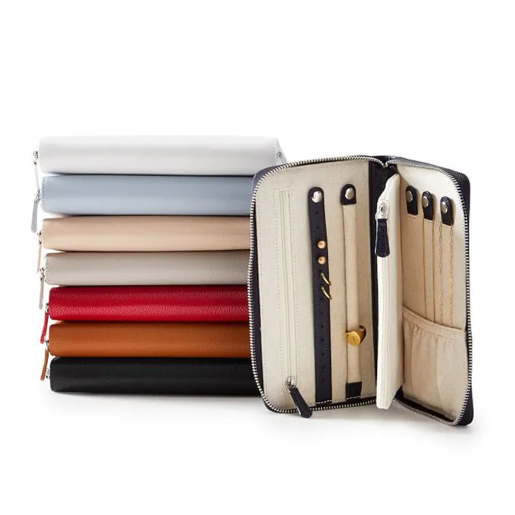 Bolsa organizadora de viaje de cuero personalizada hecha a mano con cremallera joyero portátil y de moda para almacenamiento de mujer