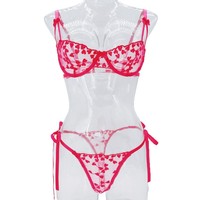 Ensemble de soutien-gorge push-up romantique en dentelle et maille, lingerie sexy avec motif de cœur brodé, lingerie transparente pour femmes, Saint-Valentin