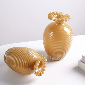 Modern Caramel Colored Glass Flower <b>Vase</b> Home Tabletop Art Decoration - Product Image 3