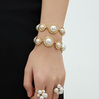 Bracelet en perles rondes avec anneau ouvert en acier inoxydable plaqué or véritable 18 carats, ensemble de bijoux pour femmes