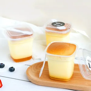 方形透明塑料品尝派对开胃菜水果冻糕三奶油慕斯布丁甜品杯带盖和勺子