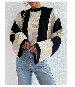 Trendy 2024 Spring and Autumn Women s Knitted Sweater Round Neck Striped Loose Casual Sweater Jacket