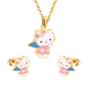 Conjunto de collar y pendientes con gatito de dibujos animados para niños y niñas, de acero inoxidable, chapado en oro, regalo de cumpleaños, conjunto de joyería esmaltada