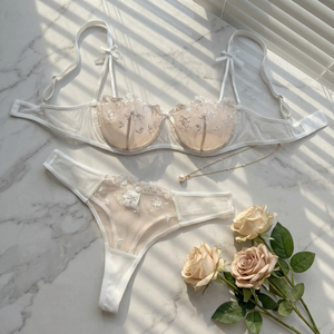 White Floral Rose Embroidery Lingerie <b>Set</b> <b>Sexy</b> Sheer Mesh Underwire Bra and Thong Panties <b>Set</b> 2 Piece Bow Lace Bra <b>Set</b> OEM ODM - Product Image 3